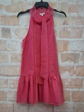 TCEC Pink Tie-Neck Ruffle Hem Formal Dress